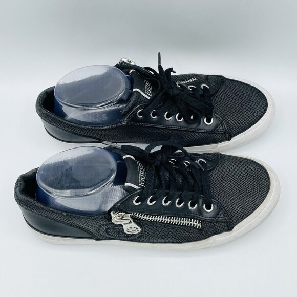 Guess Shoes Womens Size 8.5 Black Lace Up Sneakers Embossed Logo Casual Sneakers - Picture 3 of 12